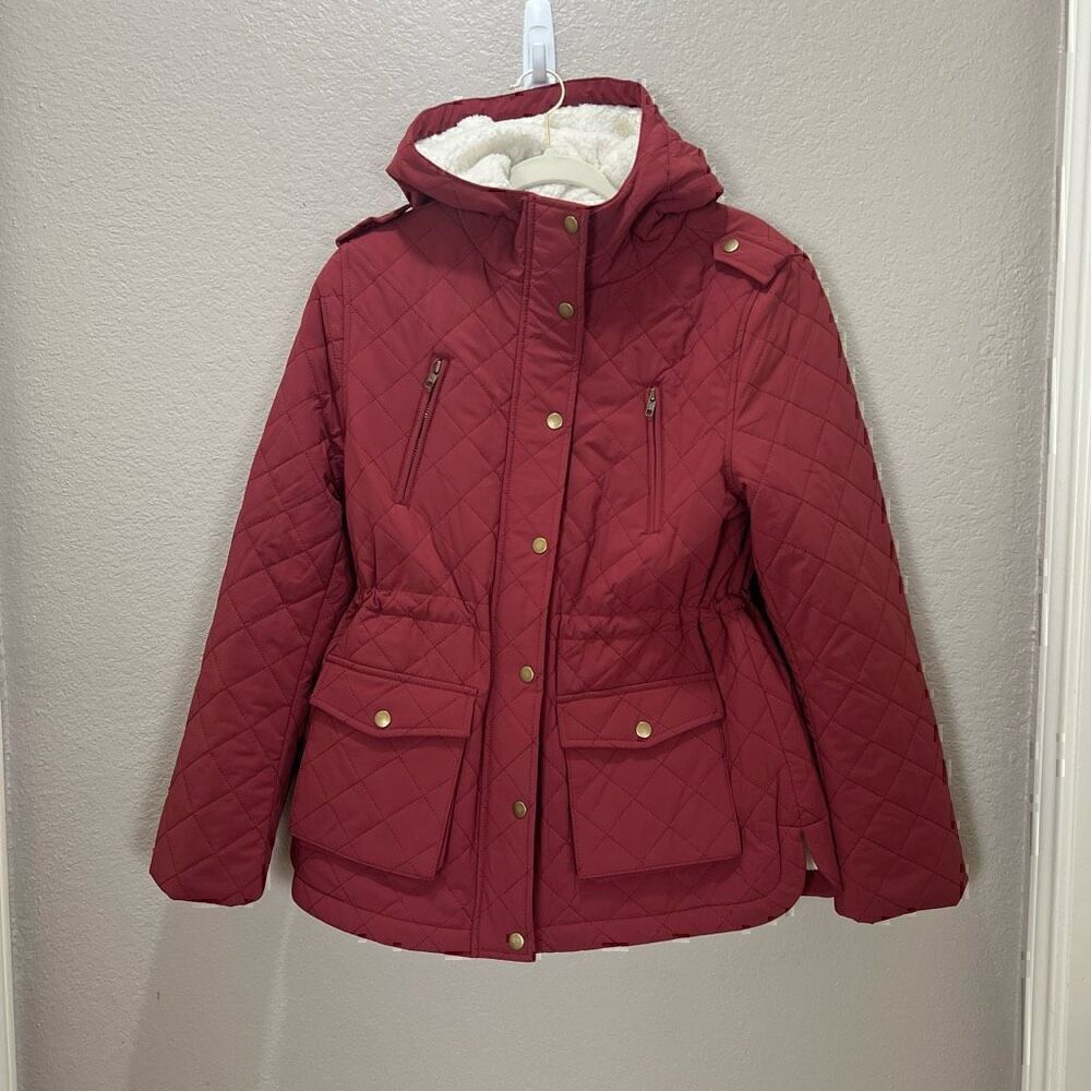 Eden Society Quilted Jacket Womens Medium Sherpa Lined Red Hooded Cozy Gorpcore